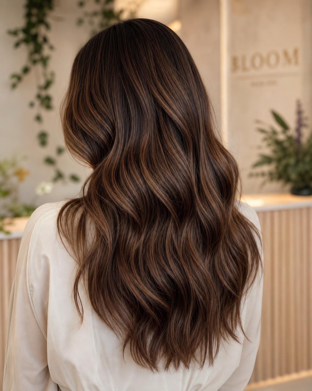 Dimensional lowlights adding depth to warm brown hair
