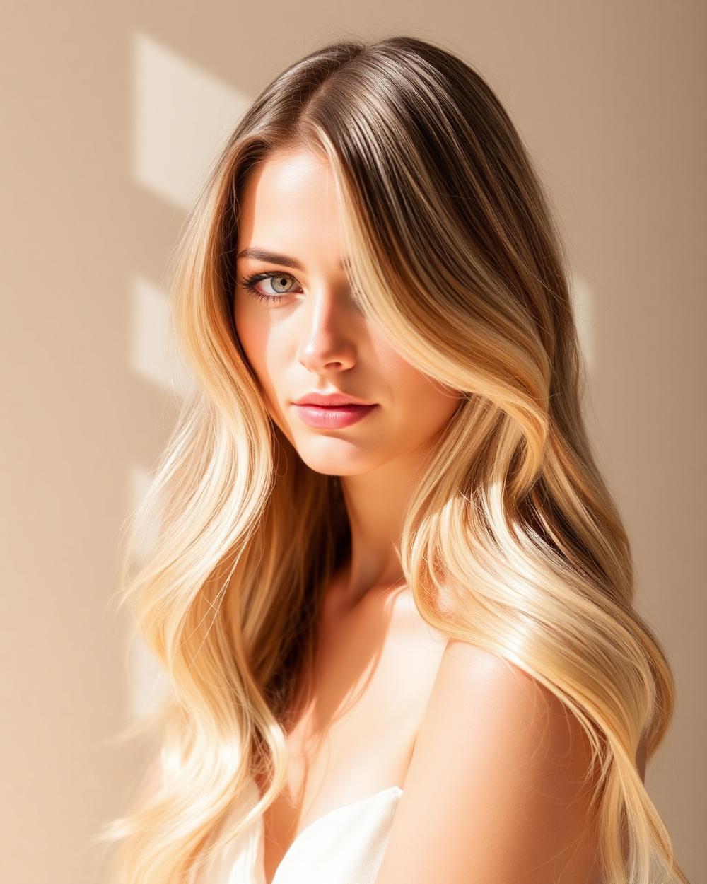 Sun-kissed blonde highlights on long healthy hair
